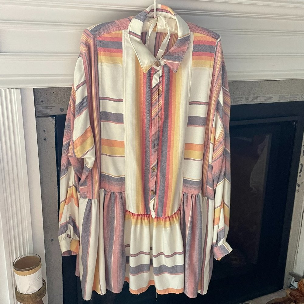 Free People Striped Long Sleeve Drop Waist Button Down Shirt Dress